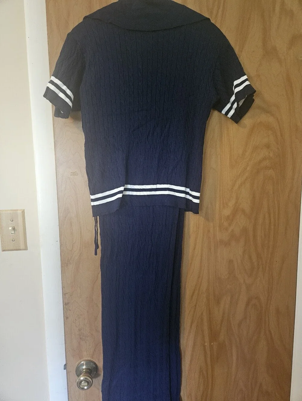 Navy Blue Women's Two-Piece Knit Pants Set with White Stripes